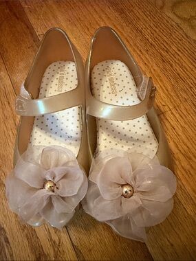 Mini Melissa Champagne Gold Mary Jane Flats with Sheer Flower
